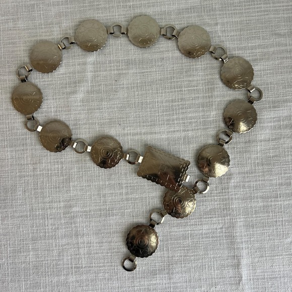 Vintage Accessories - Vintage Silver Tone Concho Chain Belt with Geometric Clasp Southwestern Style